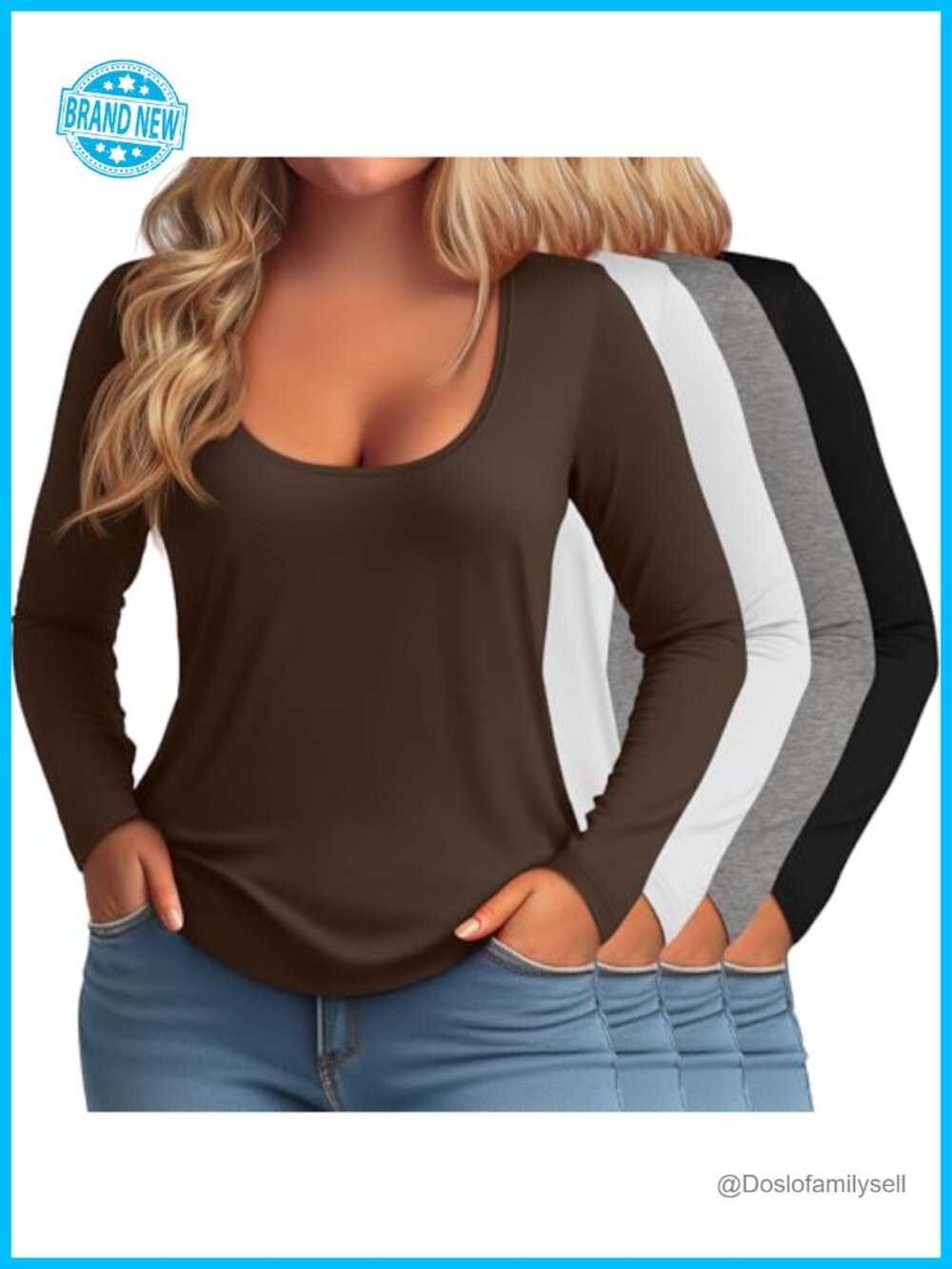 Plus Size Long Sleeve Scoop Neck T-Shirts 4 Pack Stretch Cotton Blend